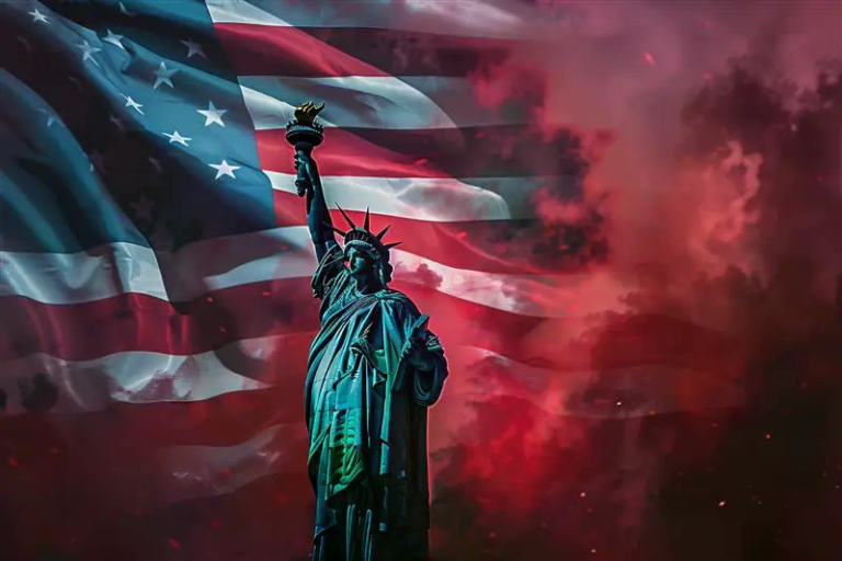 Statue of liberty with red sky background and the American flag in the corner